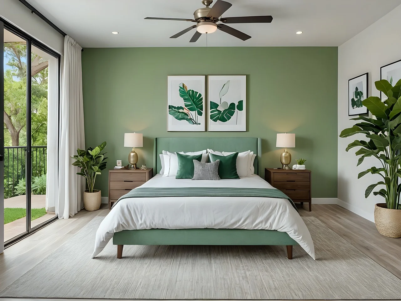 an image of interior design with green wall , fan on roof and bed with white bed sheet
