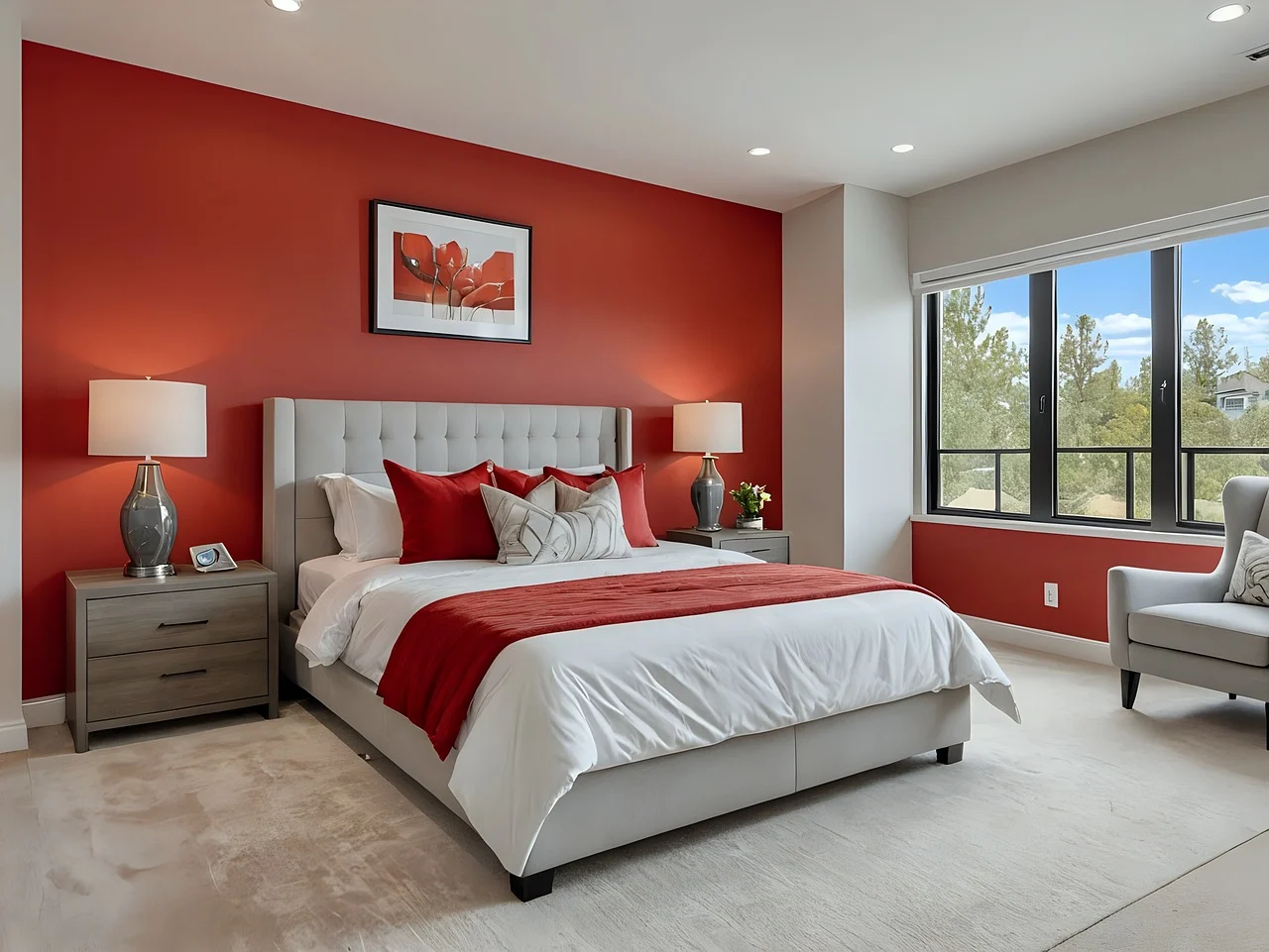 an image of interior design with red wall and bed